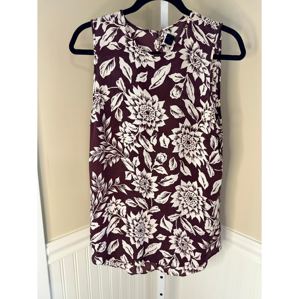 Theory Bringam Burgundy Floral 100% Silk Sleeveless Blouse Size L